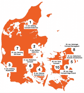Der er 10 workshops på 10 forskellige steder i Danmark. 